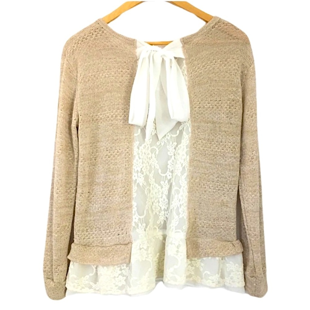 CLU + WILLOUGHBY OPEN KNIT BACK
BOW LACE SWEATER